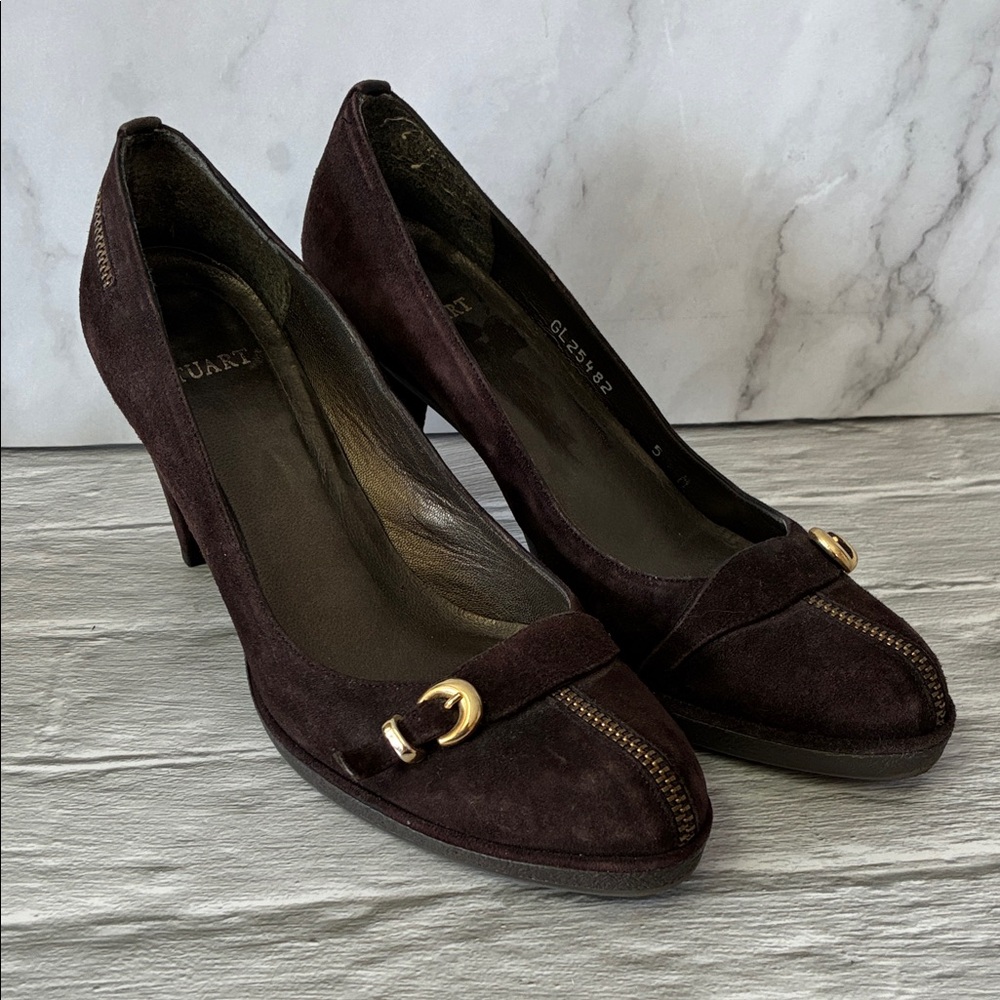 Stuart Weitzman Dark Brown Suede Heels with Gold Buckle